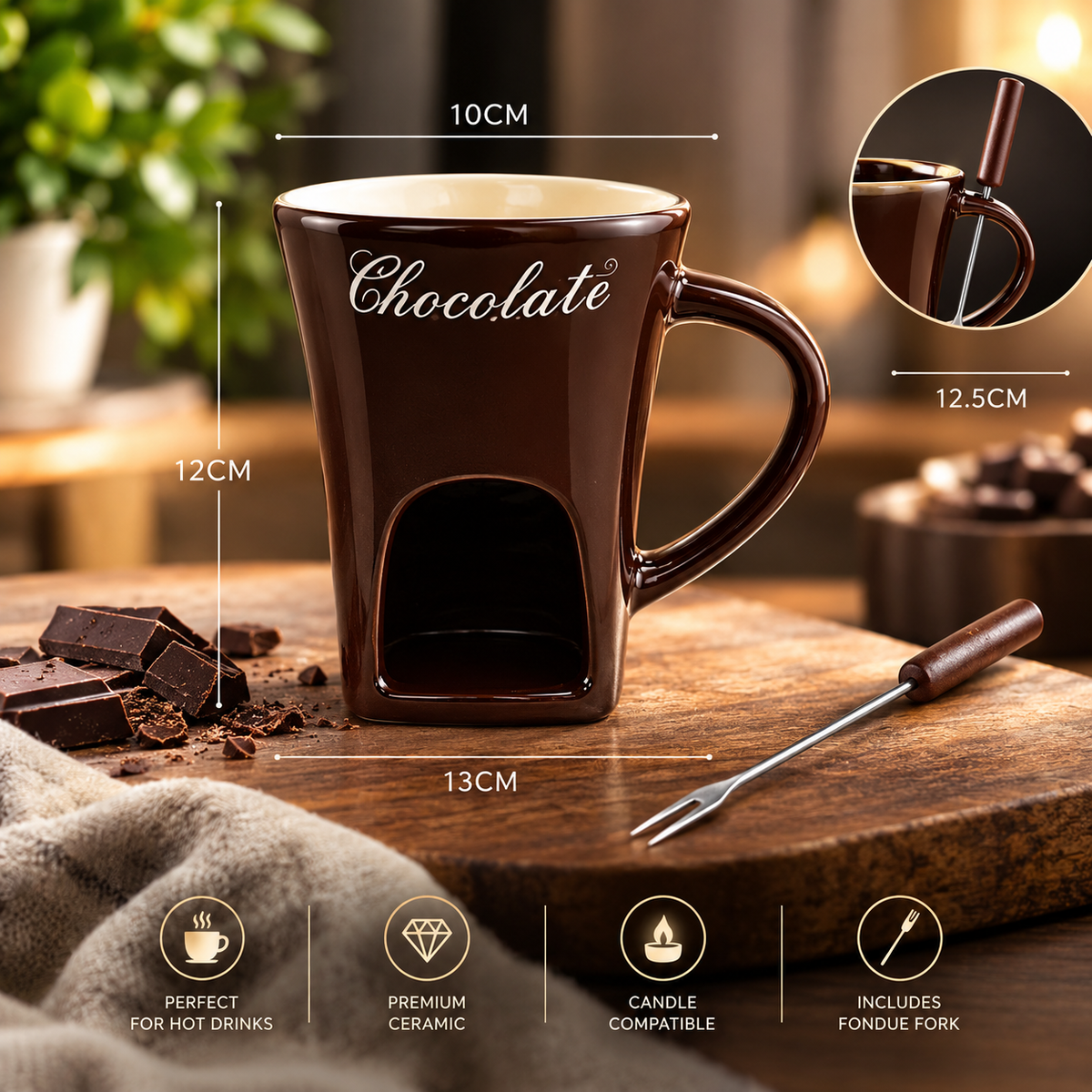 Ceramic Chocolate Fondue Mug Set with Dipping Fork – Mini Personal Chocolate Melting Cup